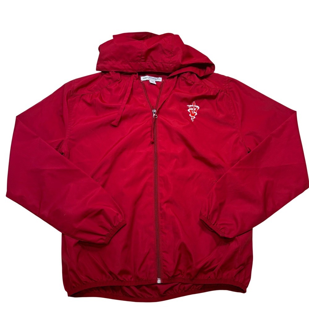 Port Authority L305 Red‎ Full Zip Hooded Windbreaker Jacket Womens Small Logo
